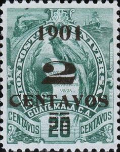 Stamp, National Emblem surcharged in black 2c on 20c, Guatemala,  
