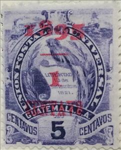 Stamp, Coat of arms (1871-1968) - overprint 1c on 5c (Red), Guatemala,  