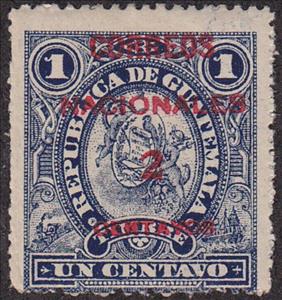 Stamp, Telegraph stamp with red overprint 2c on 1c, Guatemala,  