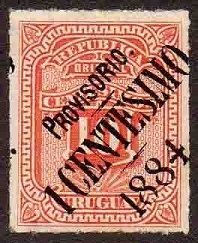 Overprint in black "PROVISORIO 1 CENTESIMO 1884" on MI:#UY39