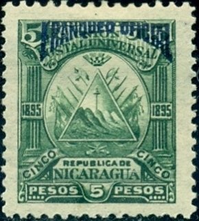 Stamp, Triangle emblem on the ovoid-blue overprint, Nicaragua,  
