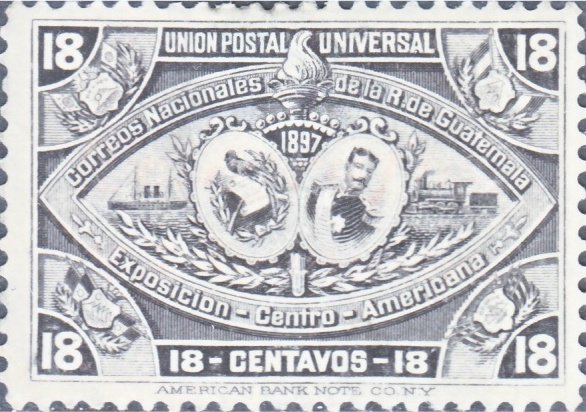 Coat of arms; President Reyna Barrios, ship, locomotive