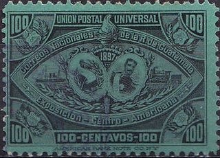 Coat of arms; President Reyna Barrios, ship, locomotive