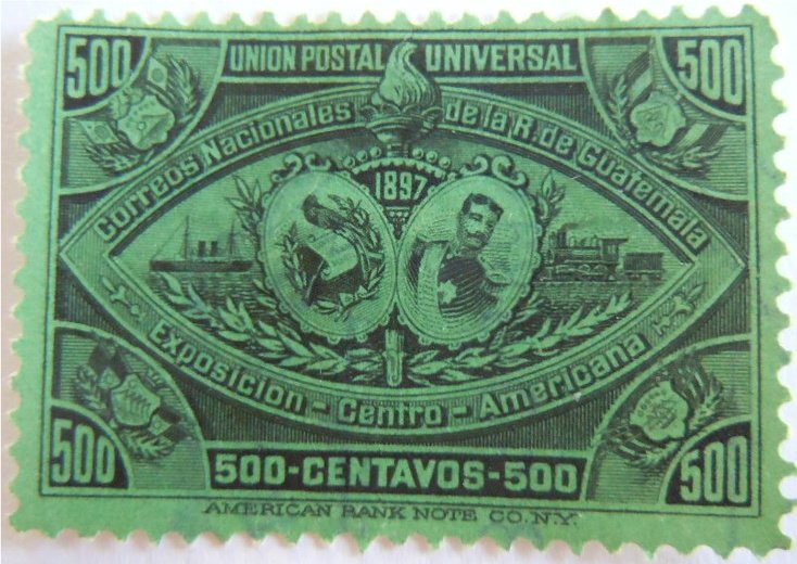 Coat of arms; President Reyna Barrios, ship, locomotive
