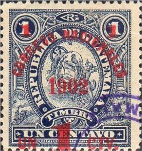 Stamp, Telegraph stamp with red overprint 1c on 1c, Guatemala,  