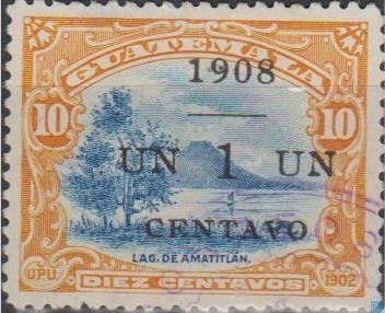 Stamp, Lake Amatitlán - 1c on 10c, Guatemala,  , Landscapes, Trees, Mountains, Lakes