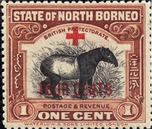 Stamp, Asian Tapir (Tapirus indicus) with overprint, North Borneo,  , Mammals