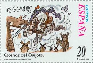 Stamp, School Correspondence. Don Quixote, Spain,  , Famous People, Mammals, Horses, Books, Middle Ages, Mills, Animals (Fauna)