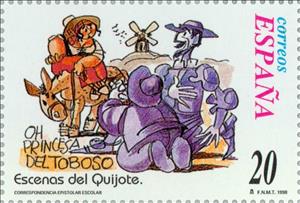 Stamp, School Correspondence. Don Quixote, Spain,  , Famous People, Mammals, Books, Middle Ages, Mills, Animals (Fauna)