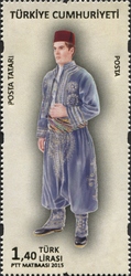 Stamp, 175th Anniversary of PTT, Turkey,  , Post and Philately, Mankind, Clothes and costumes