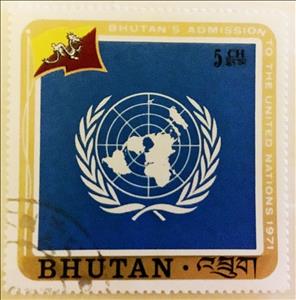 Stamp, UN Emblem and Bhutan Flag, Bhutan,  , Flags, U.N.O.