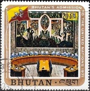 Stamp, Security Council Chamber and mural by Per Krohg, Bhutan,  , U.N.O.