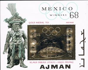 Souvenir Sheet, Klaus Dibiasi (I); High-Diving, Ajman,  , Olympic Games, Diving (Sport of jumping)