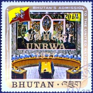 Stamp, Security Council Chamber and mural by Per Krohg, Bhutan,  , U.N.O.