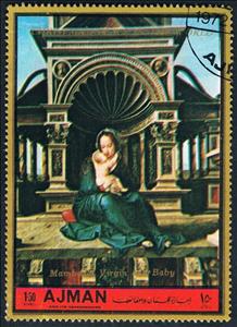 Stamp, Virgin and child; by Gossaert, Ajman,  