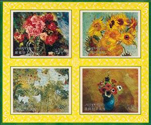 Souvenir Sheet, Floral paintings, Bhutan,  , Flowers, Paintings