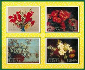 Souvenir Sheet, Floral paintings, Bhutan,  , Flowers, Paintings