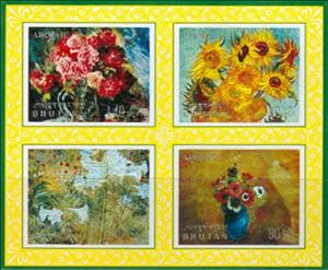 Souvenir Sheet, Floral paintings, Bhutan,  , Flowers, Paintings