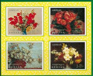 Souvenir Sheet, Floral paintings, Bhutan,  , Flowers, Paintings