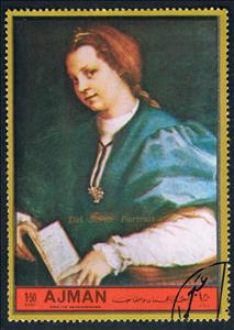 Stamp, Young Woman with book; by Andrea del Sarto, Ajman,  