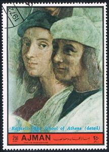 Stamp, The School of Athens; Stanza Segnatura, Ajman,  , Frescos