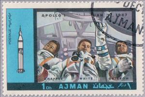 Stamp, Apollo 1 (27.1.1967): Chaffee, White, Grissom, Ajman,  , Astronauts, Rockets