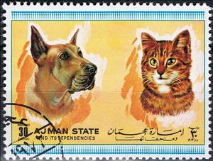 Stamp, Dog and cat, Ajman,  , Animals (Fauna), Cats, Dogs, Mammals