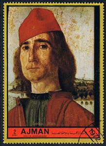 Stamp, Portrait of an Unknown Man with Red Beret; by L. Lotto, Ajman,  