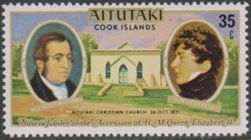 Stamp, Rev. John Williams, King George IV & first church of Aituta…, Aitutaki,  