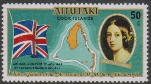 Queen Victoria, British flag & map of Aitutaki