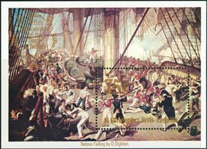 Souvenir Sheet, Death of Lord Nelson Souvenir Sheet, Saint Kitts and Nevis,  , Art, Heads of State (Military), Naval Battles, Paintings