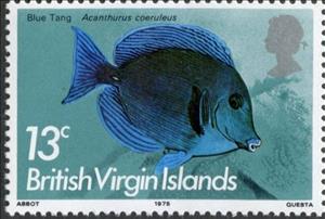 Stamp, Blue Tang (Acanthurus coeruleus), British Virgin Islands,  , Fishes