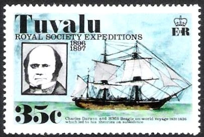 Stamp, Charles Darwinand HMS Beagle on world voyage 1831-1836, Tuvalu,  