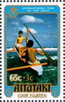 Stamp, Boys in a boat, Aitutaki,  , Children