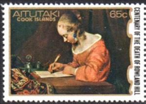 Stamp, "Woman writing a letter", by Gerard Terborch, Aitutaki,  , Letters (Mail), Paintings