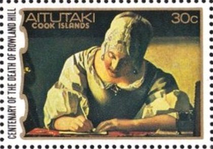 Stamp, "Woman writing a letter", by Jan Vermeer, Aitutaki,  , Paintings