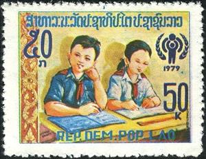 Stamp, Children learning, Laos,  , Children