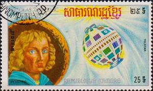 Stamp, Nicolaus Copernikus and Telstar, Cambodia,  , Astronomers, Outer Space, Satellites
