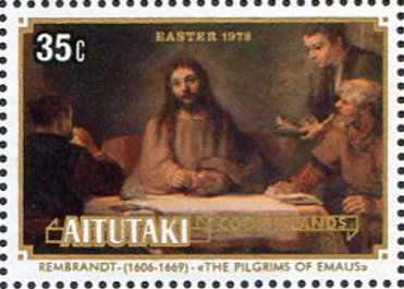 Stamp, "The Pilgrims of Emaus", by Rembrandt, Aitutaki,  , Paintings