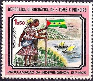 Stamp, Man and woman with flag, São Tomé and Príncipe,  , Flags