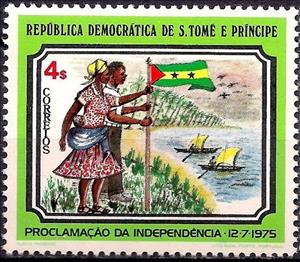 Stamp, Man and woman with flag, São Tomé and Príncipe,  , Flags