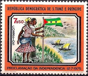 Stamp, Man and woman with flag, São Tomé and Príncipe,  , Flags