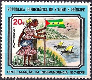 Stamp, Man and woman with flag, São Tomé and Príncipe,  , Flags