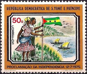 Stamp, Man and woman with flag, São Tomé and Príncipe,  , Flags
