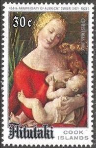 Stamp, "Madonna with Iris ", by Albrecht Dürer, Aitutaki,  , Christmas, Paintings