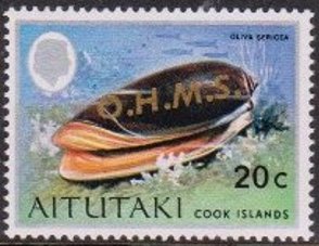 Stamp, Orange-mouth Olive (Oliva sericea), Aitutaki,  , Animals (Fauna), Molluscs, Sea Life, Shells