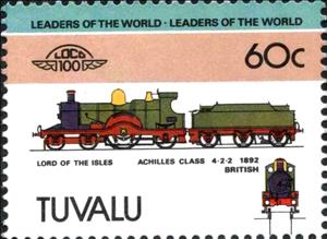 Stamp, Lord of the Isles Achilles Class 4-2-2 1892 British, Tuvalu,  , Locomotives, Transport