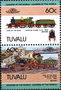 Se-tenant, Lord of the Isles Achilles Class 4-2-2 1892 British, Tuvalu,  , Locomotives, Transport