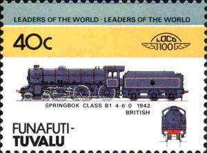 Stamp, Springbok Class B1 4-6-0 1942 British, Tuvalu,  , Locomotives, Transport