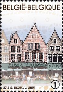 Stamp, Market Square of Bruges: Houses Spainge, Diephuis, Le Panier, Belgium,  
